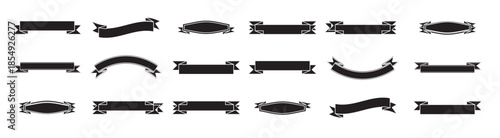 ibbon set. Tape blank black glyph collection, decorative silhouette icons. Vintage outline design, ribbons sign style. Web icon kit of text banner tapes.