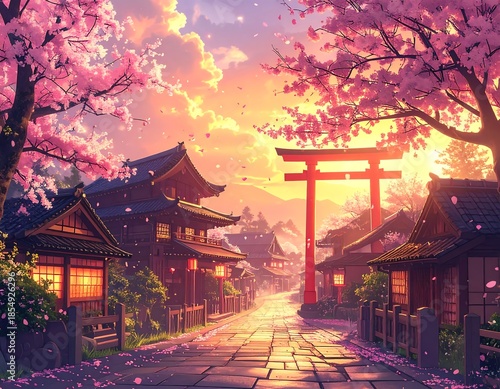 Vibrant, serene Japanese town with pink cherry blossoms & a traditional red torii gate under a golden sunset sky