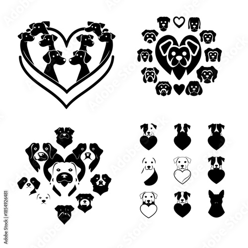 Dog Love Silhouette Set with Heart Shapes – Pet Adoption and Valentine Vector Clipart