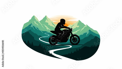 Silhouette of a person riding a motorcycle on a winding road through mountains.
