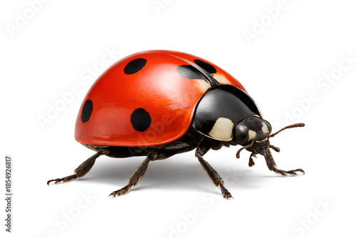 Cute red ladybug walking isolated on white background