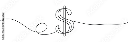 Dollar sign continuous one line drawing, linear finance background with currency symbol, minimalist vector illustration for banking and investment concepts.