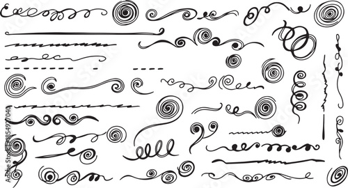 Black Hand Drawn Swirls and Flourishes on White Background