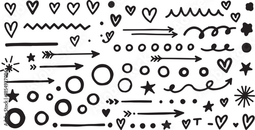 Black Hand Drawn Arrows, Hearts, Stars and Circles on White Background