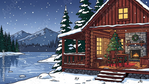 Cozy snow covered wooden cabin with christmas tree on porch, stone fireplace, and snowy mountain landscape at night, winter vacation home, holiday getaway, serene frozen