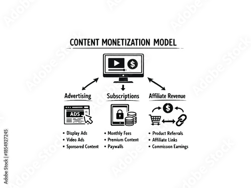 Content monetization model showing ads, subscriptions