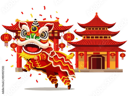 Vector flat design illustration of a lion dance performance in front of a traditional Chinese pagoda with red lanterns and confetti on a white background.