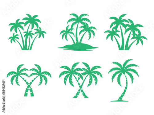 Collection of green tropical palm trees and island silhouettes in a simple design