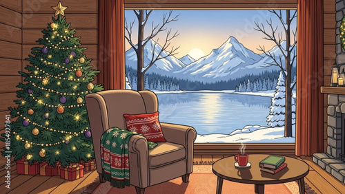 Cozy winter living room with christmas tree, decorated armchair, and serene snowy mountain lake view through large window
