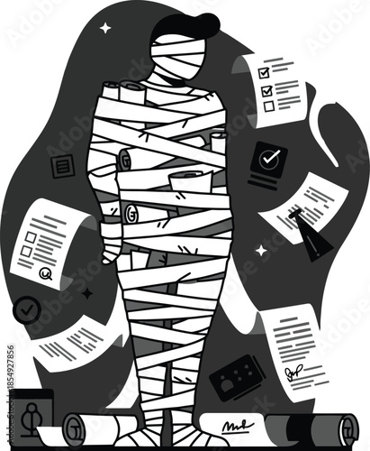 Stylized vector of a person wrapped in documents, symbolizing administrative pressure and paperwork chaos. Isolated on transparent background