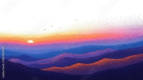 Sunset over rolling hills with birds flying, colorful sky with orange, pink, purple hues, landscape with mountains in background, natural scenery, serene atmosphere
