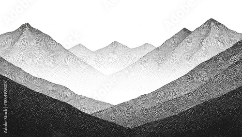 Stylized black and white mountain range with stippling effect, rugged peaks and slopes against clear sky, landscape illustration