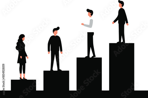 Monochrome vector of people standing on ascending platforms symbolizing achievement and leadership
