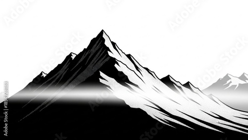 Dramatic black and white mountain range landscape with rugged peaks, misty atmosphere and bold shadows, serene natural scenery