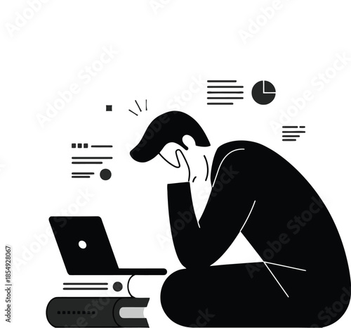 Monochrome vector of student holding head with laptop and speech bubbles symbolizing information pressure
