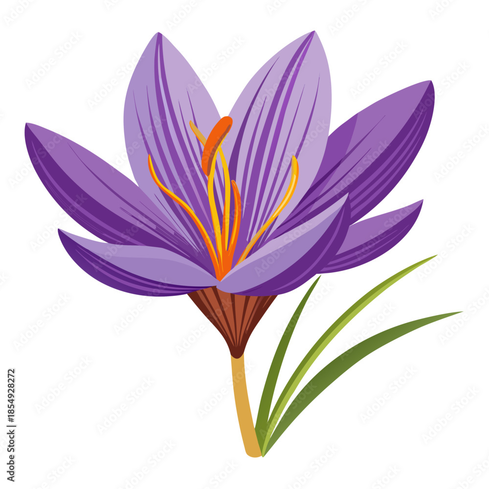 Fototapeta premium Vibrant purple crocus flower in full bloom with green leaves