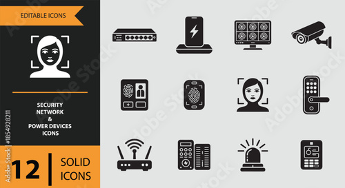 Comprehensive collection of security, network, and power device solid icons