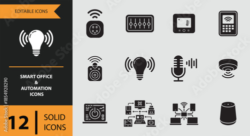 Smart office and home automation solid icons depicting modern connected technology solutions