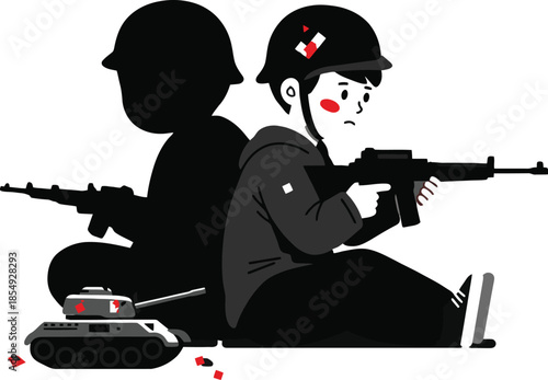 Stylized vector of child sitting with rifle and helmet, shadowed by soldier figure and toy tank, symbolizing loss of innocence in conflict zones. Isolated on transparent background
