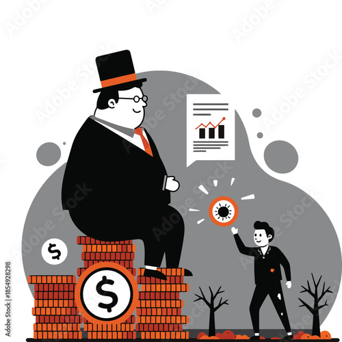 Monochrome vector of rich figure on coin stack and poor figure with sun coin in barren land
