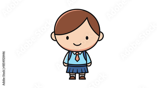 A cartoon girl wearing a blue school uniform and tie smiles.