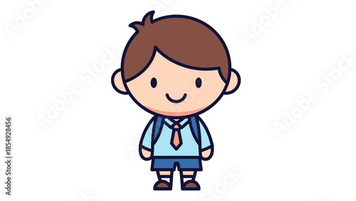 A cartoon boy wearing a school uniform and backpack stands smiling alone.