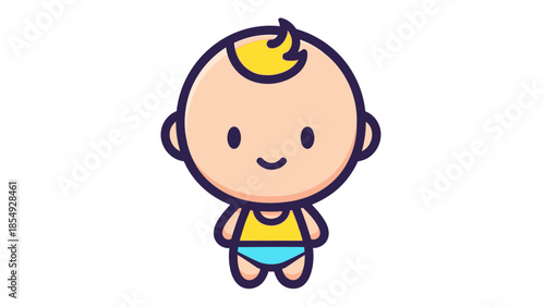 A cute cartoon baby boy with a yellow mohawk smiling and standing alone