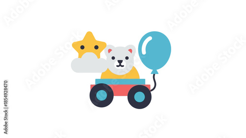 A white bear rides a colorful toy car with a star and balloon outside.