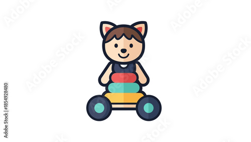 A cartoon character rides a colorful tricycle with blocks.