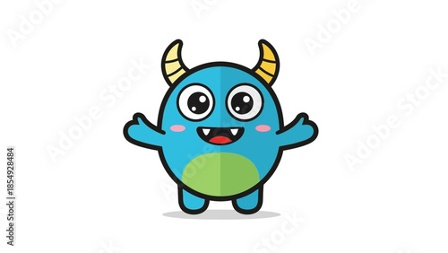 A cartoon blue monster with horns waves happily on a white background scene.
