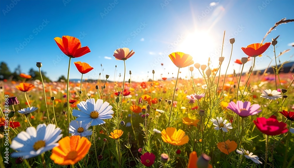 Fototapeta premium Vibrant wildflower meadow bathed in sunlight under a clear blue sky offers a colorful & warm view