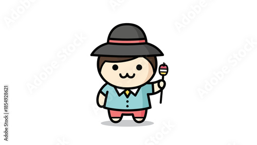 A cartoon boy wearing a hat holds a colorful lollipop in his hand outdoors.