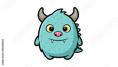 A cute cartoon monster with horns and fangs smiles cheerfully on a white background.
