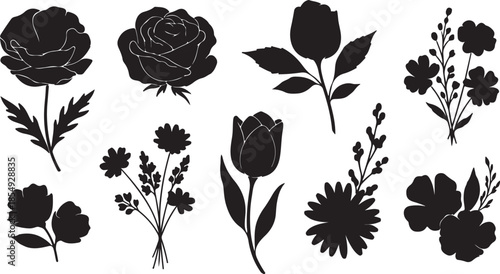 Black Silhouette Flowers and Plants Isolated on White Background