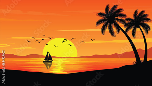 Serene tropical sunset with sailboat and palm trees