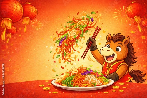 Joyful Lunar New Year Celebration with Cartoon Horse Tossing Yee Sang Salad into the Air with Chopsticks Against Red Background