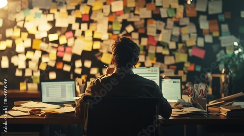 Overworked man sitting late at night in office, desk cluttered and wall full of sticky notes illuminated by desk lamp, symbol stress burnout deadlines, pressure, paperwork overload, fatigue exhaustion