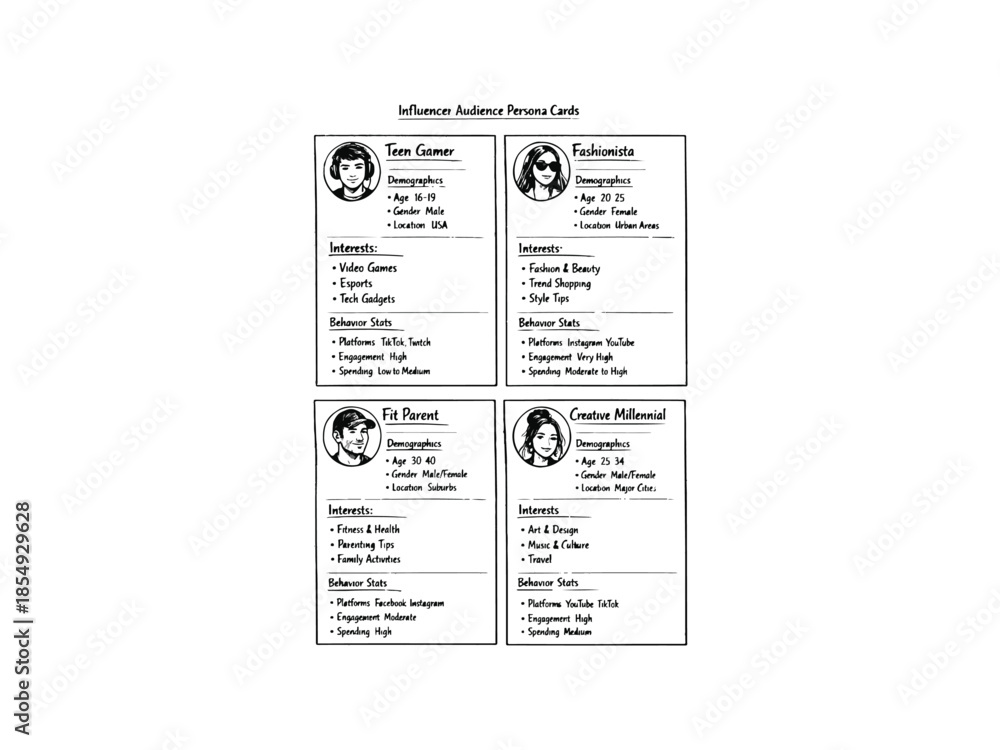 Naklejka premium Influencer audience persona cards with demographics, interests 