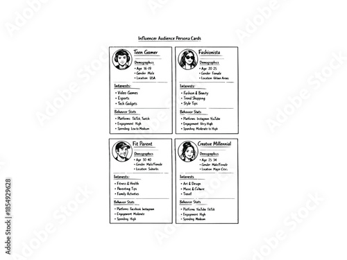 Influencer audience persona cards with demographics, interests 