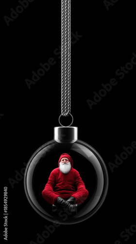 Santa sitting inside a hanging glass ornament in a surreal festive holiday scene