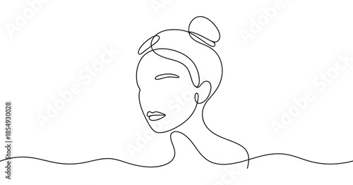 Woman head with hair bun continuous one line drawing, minimalist female face portrait silhouette on white background, professional vector line art.