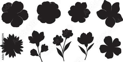 Black Silhouette Flowers Set on White Background