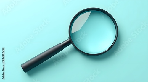 Minimalist flat lay of a magnifying glass on a light blue background