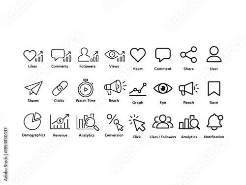 Minimal analytics icon pack for social media metrics using consistent