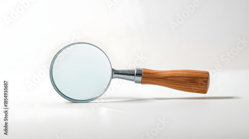 A magnifying glass with a wooden handle on a reflective white surface