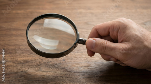 Hand holding magnifying glass for close inspection