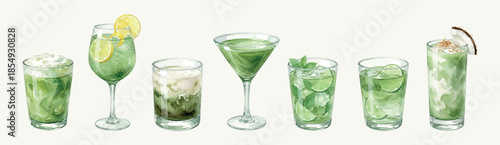 Matcha Cocktails Set, isolated on light - Watercolor Green Tea Drinks, Matcha Martini, Latte, Spritz, Mojito, Gin Tonic, Coconut Cocktail.