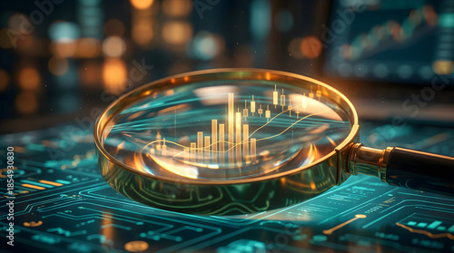 Digital data analysis with magnifying glass on circuit board