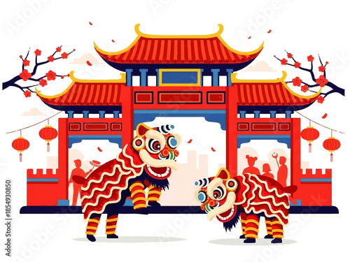 Vector flat design illustration of two lion dancers in front of a traditional Chinese gate with red lanterns and cherry blossoms on a white background.