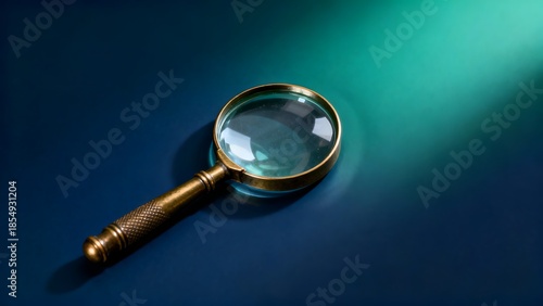 Vintage magnifying glass illuminated by a spotlight on a dark blue background
